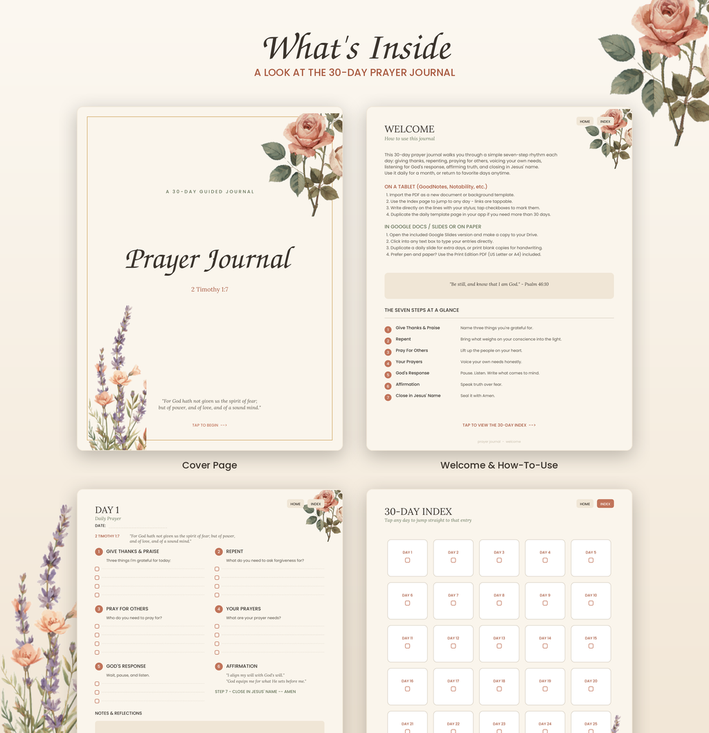 "30-Day Prayer Journal — Digital & Printable | GoodNotes, Google Slides + PDF | 7-Step Guided Devotional"